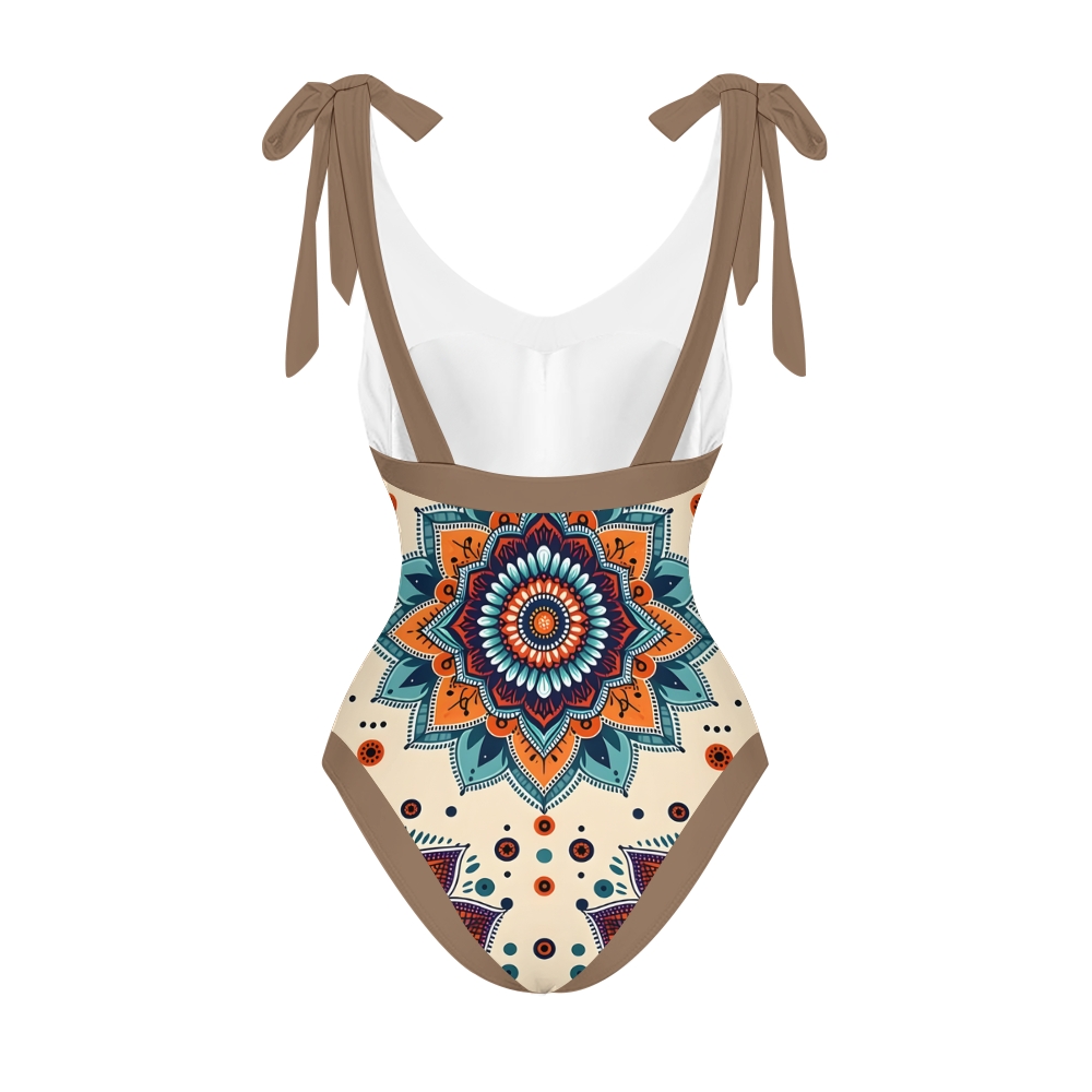 Boho Mandala Print One-Piece Swimsuit with Matching Sarong Skirt