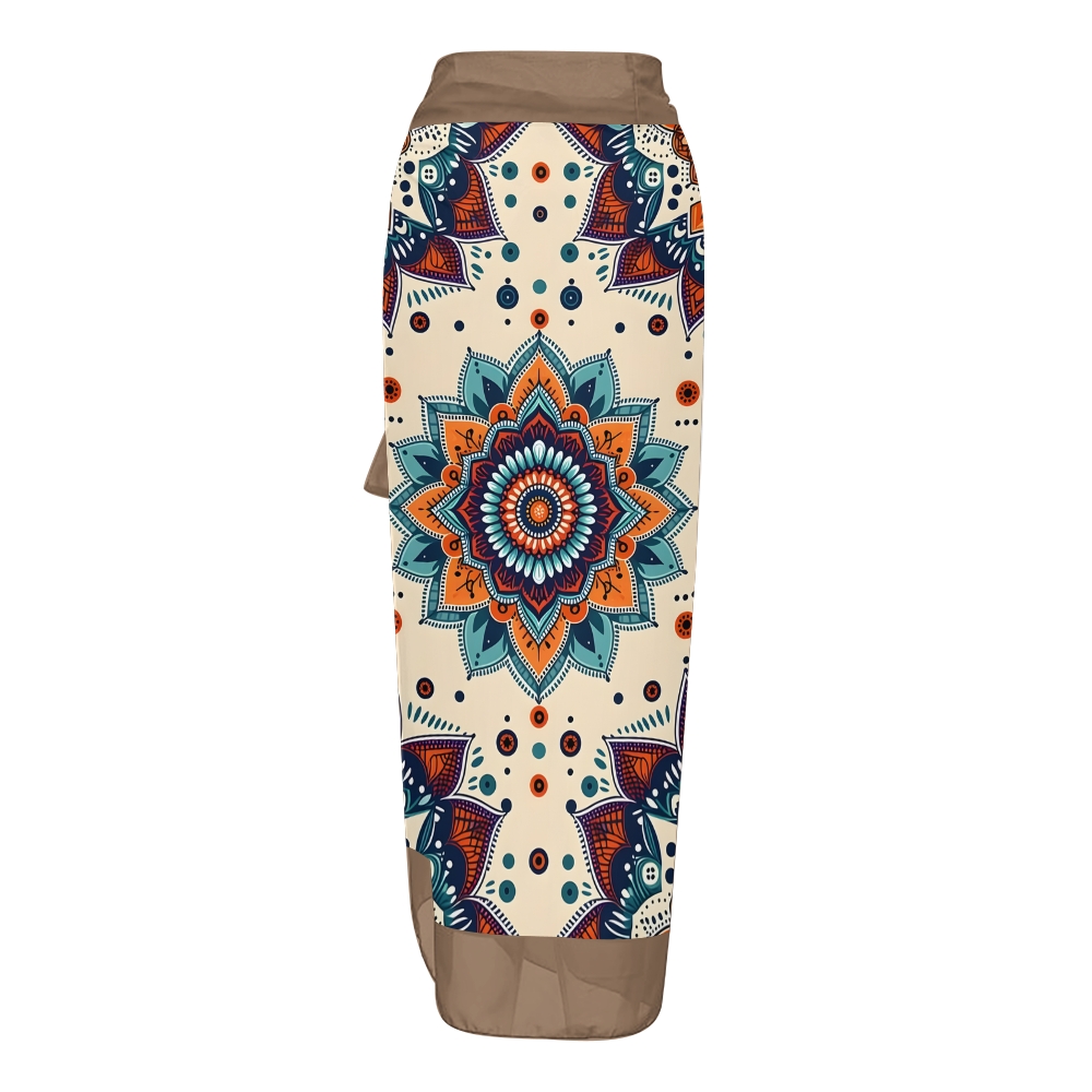 Boho Mandala Print One-Piece Swimsuit with Matching Sarong Skirt