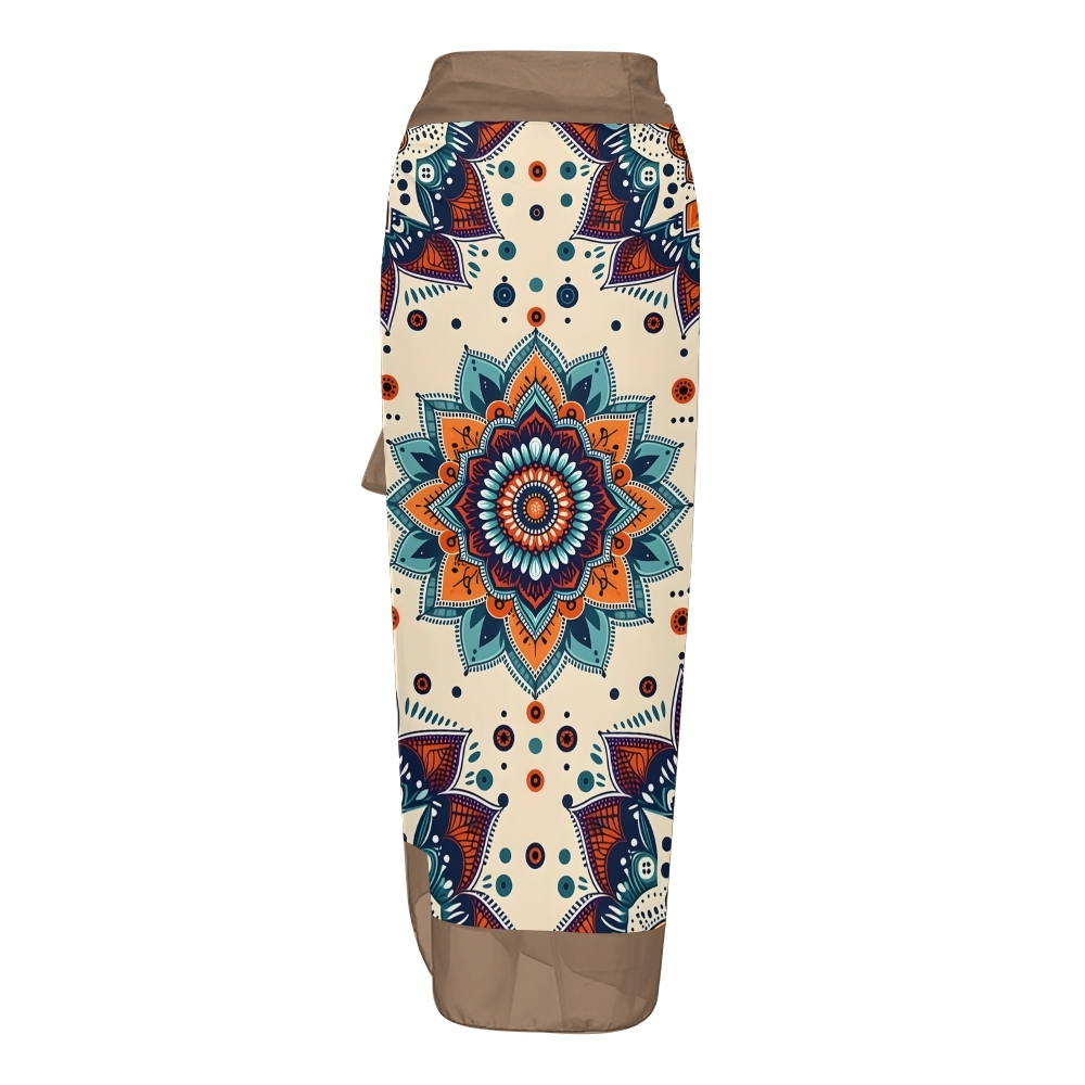 Boho Mandala Print One-Piece Swimsuit with Matching Sarong Skirt