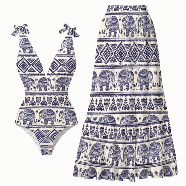 Boho Ethnic Elephant Print One-Piece Swimsuit with Matching Maxi Skirt