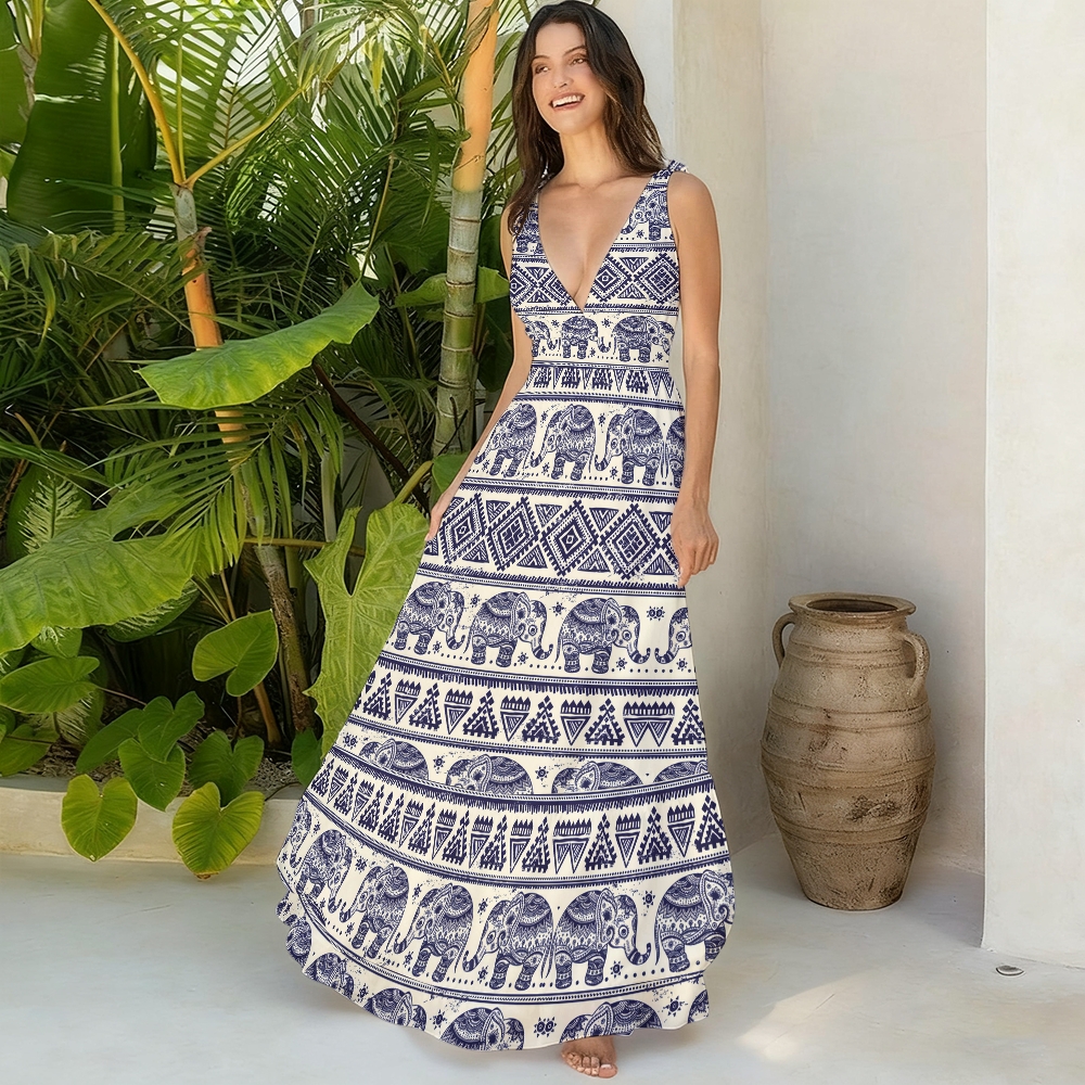 Boho Ethnic Elephant Print One-Piece Swimsuit with Matching Maxi Skirt