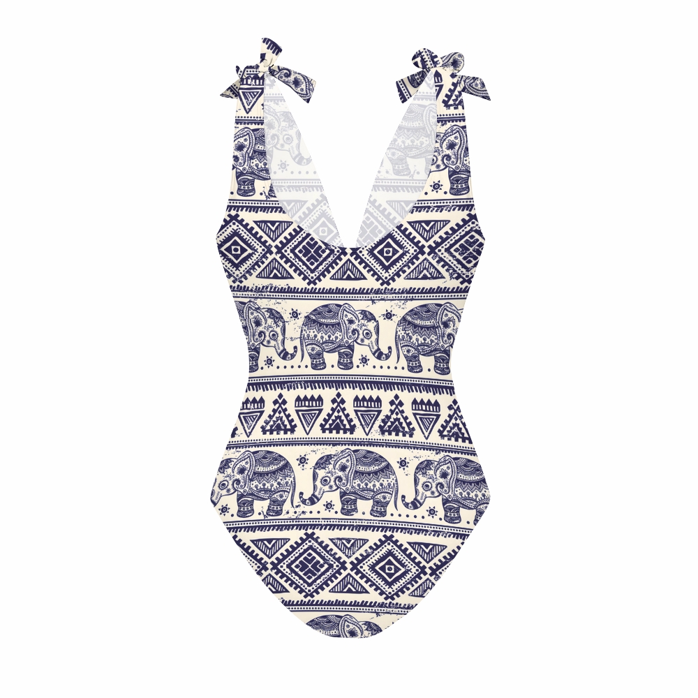Boho Ethnic Elephant Print One-Piece Swimsuit with Matching Maxi Skirt