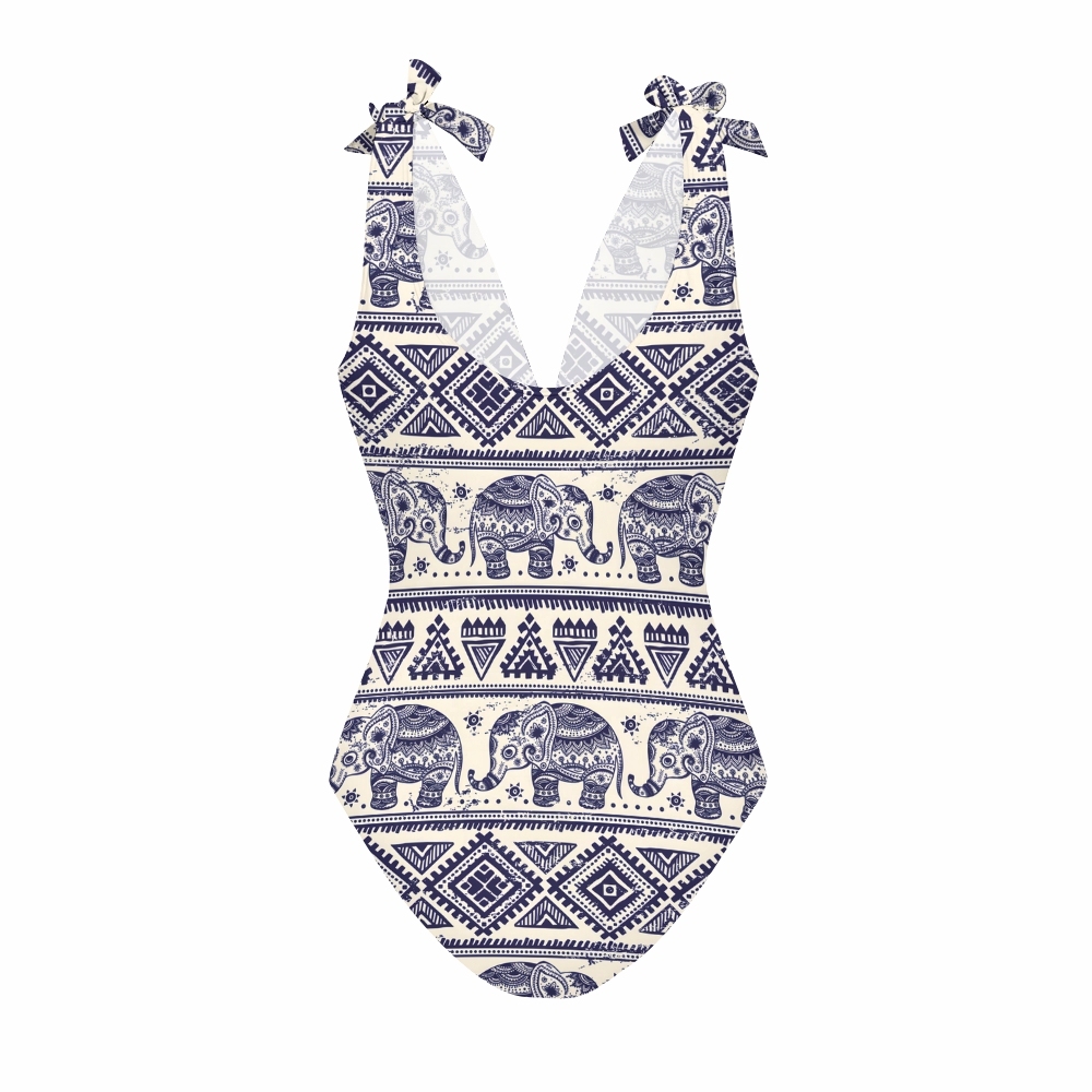 Boho Ethnic Elephant Print One-Piece Swimsuit with Matching Maxi Skirt