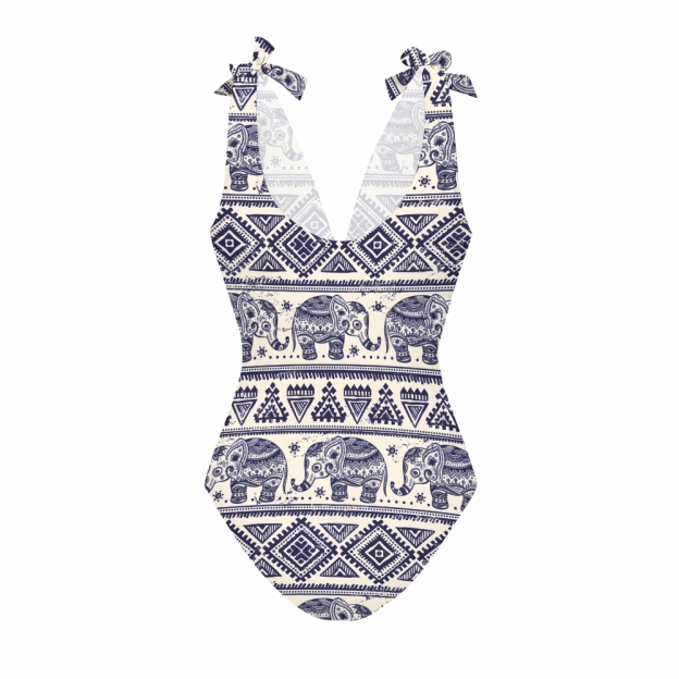 Boho Ethnic Elephant Print One-Piece Swimsuit with Matching Maxi Skirt