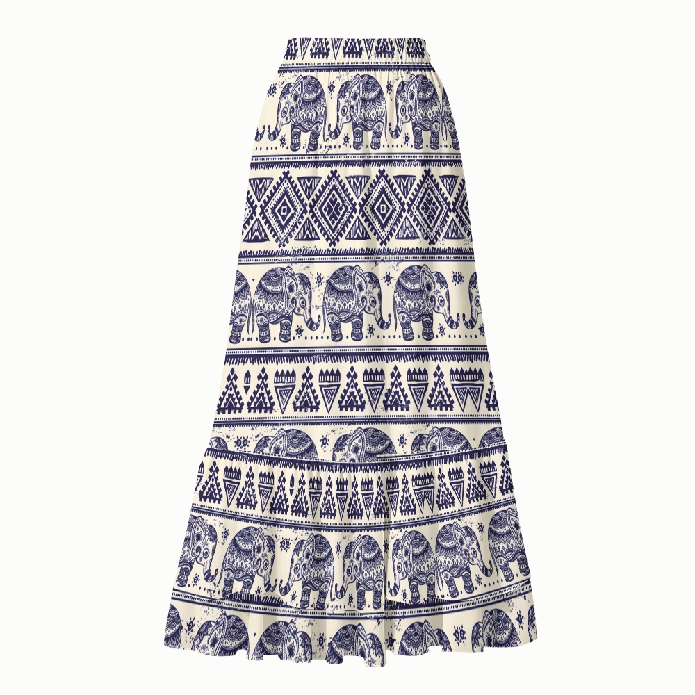 Boho Ethnic Elephant Print One-Piece Swimsuit with Matching Maxi Skirt