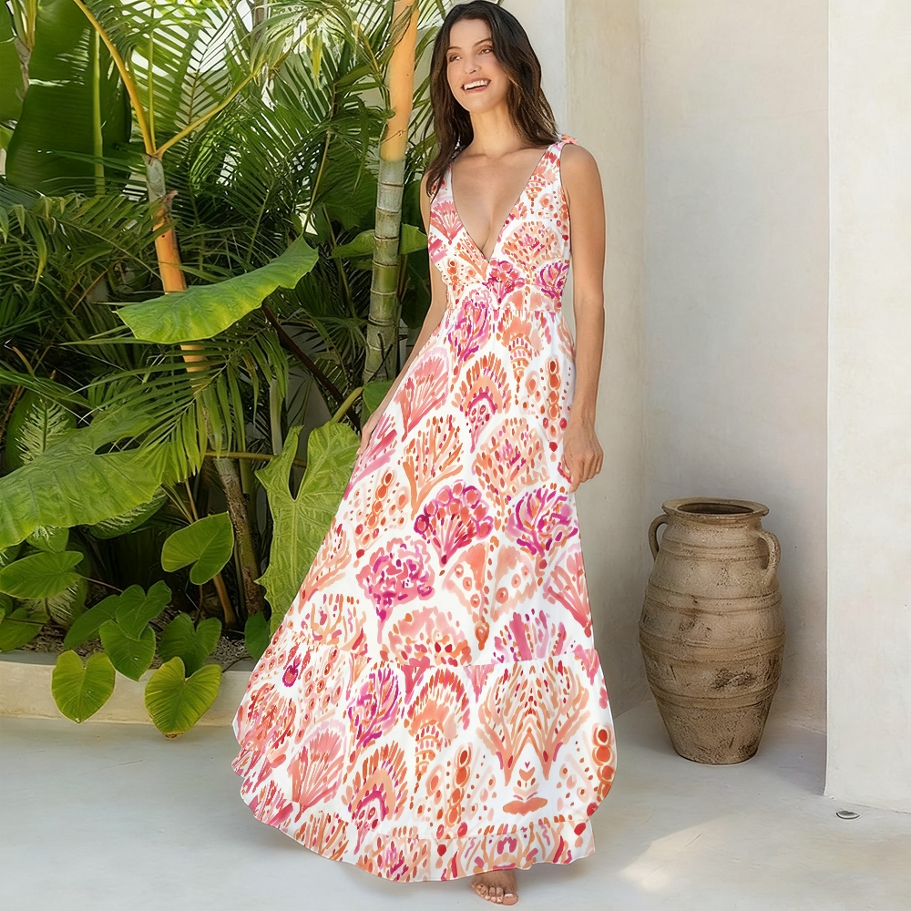 Tropical Coral Bloom One-Piece Swimsuit with Tiered Maxi Skirt