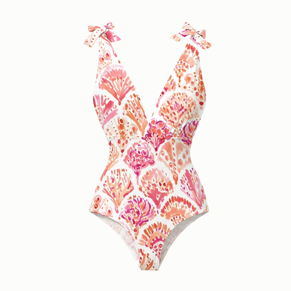 Tropical Coral Bloom One-Piece Swimsuit with Tiered Maxi Skirt