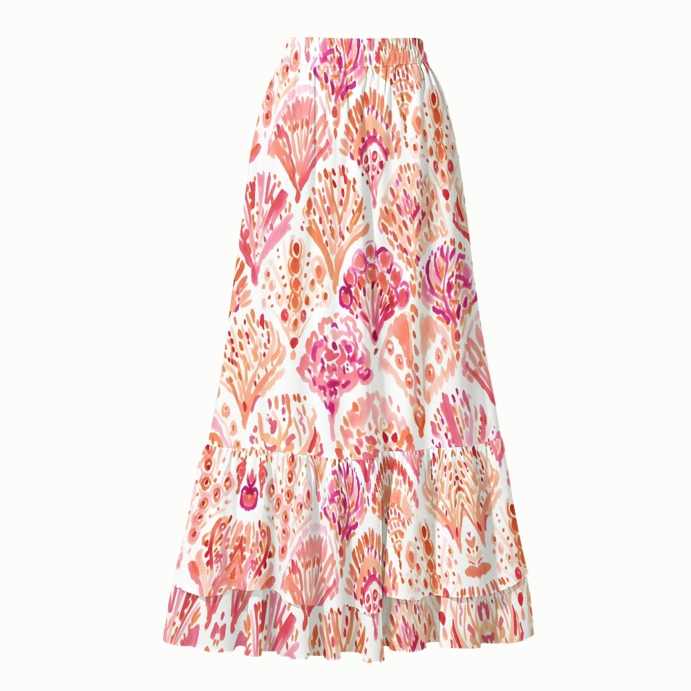 Tropical Coral Bloom One-Piece Swimsuit with Tiered Maxi Skirt