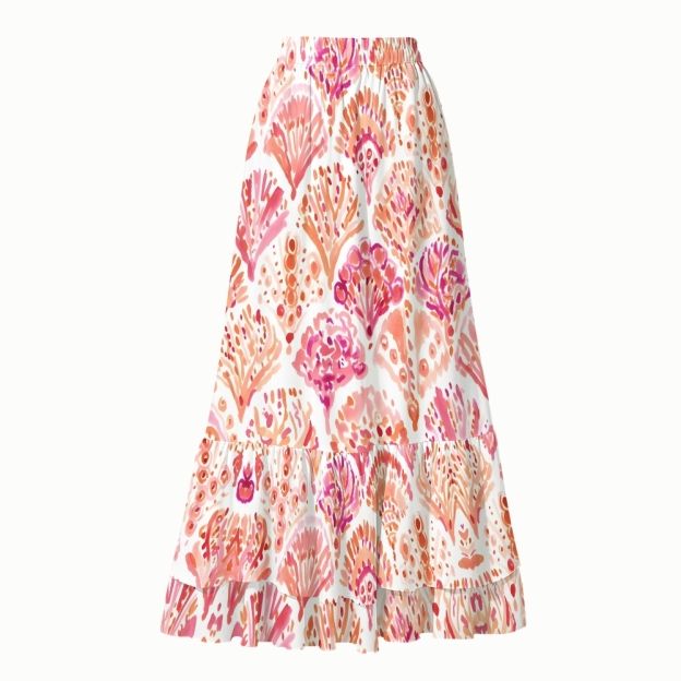 Tropical Coral Bloom One-Piece Swimsuit with Tiered Maxi Skirt