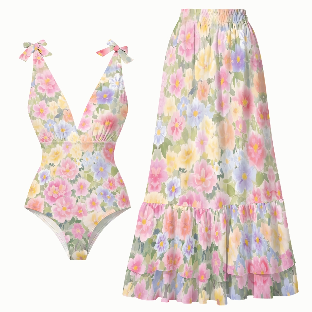 Pastel Floral Print One-Piece Swimsuit with Matching Tiered Maxi Skirt