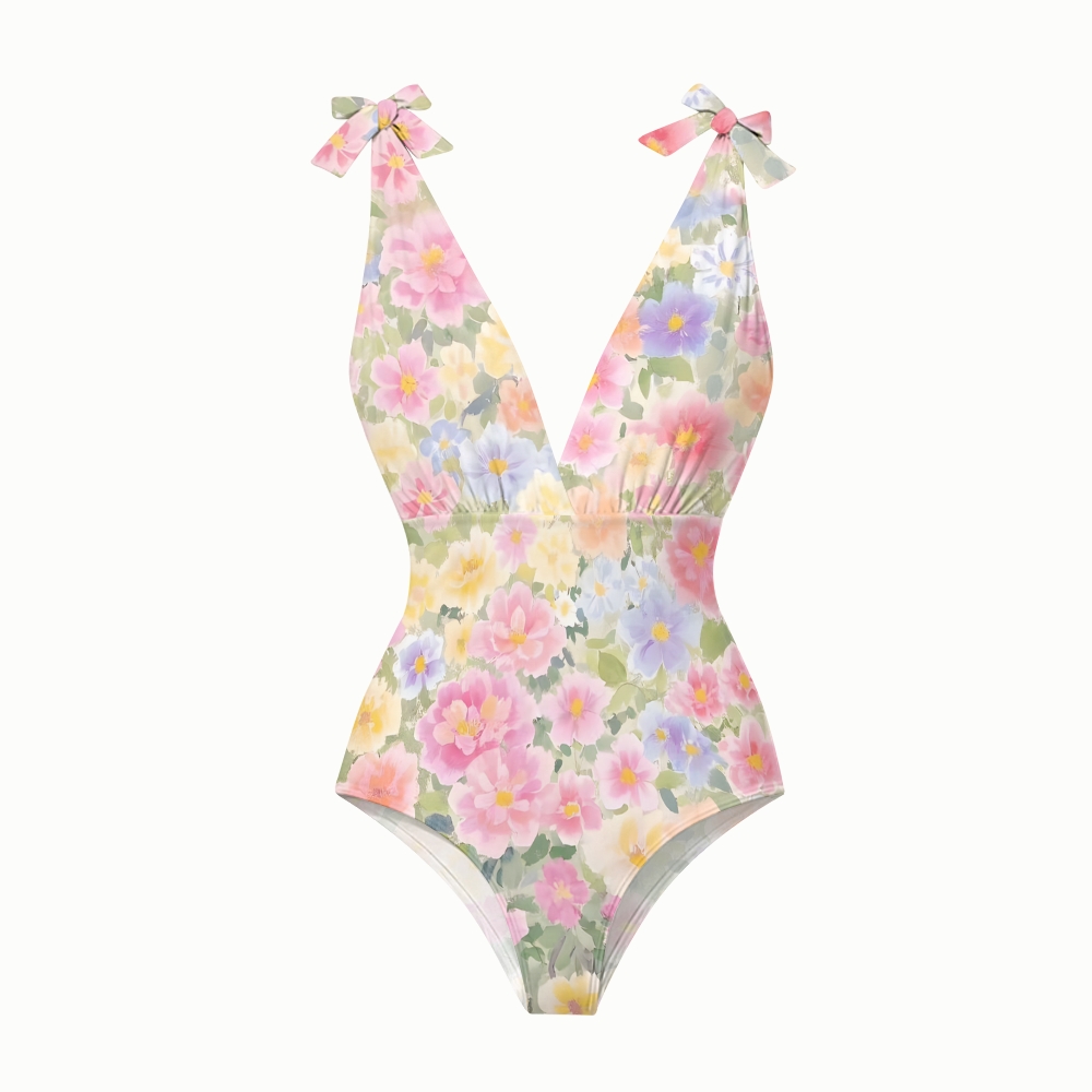 Pastel Floral Print One-Piece Swimsuit with Matching Tiered Maxi Skirt