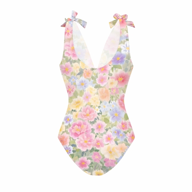 Pastel Floral Print One-Piece Swimsuit with Matching Tiered Maxi Skirt