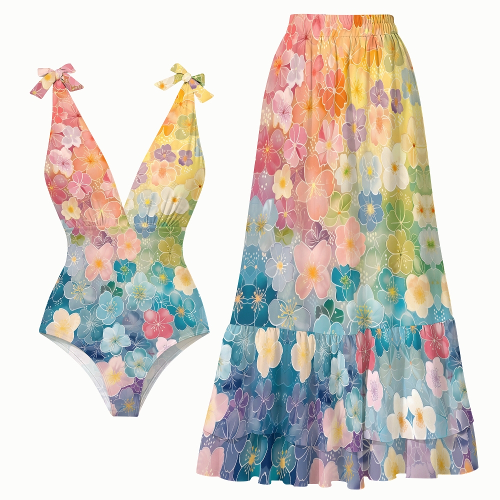 Gradient Watercolor Floral One-Piece Swimsuit with Tiered Maxi Skirt