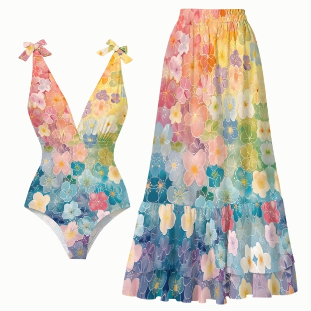 Gradient Watercolor Floral One-Piece Swimsuit with Tiered Maxi Skirt
