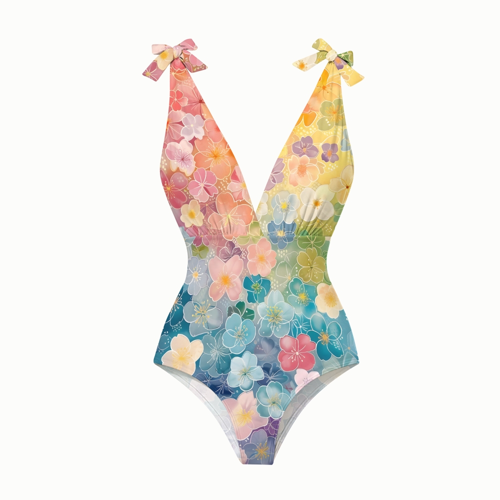Gradient Watercolor Floral One-Piece Swimsuit with Tiered Maxi Skirt