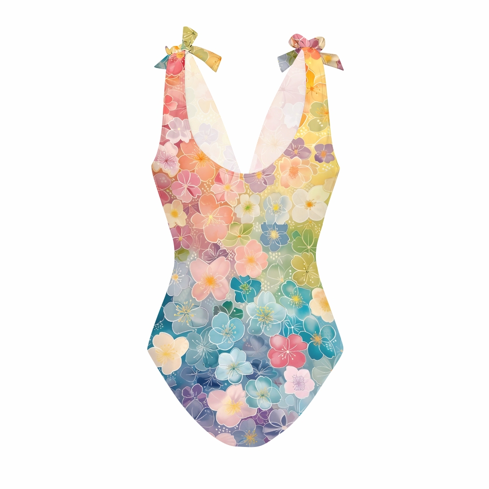 Gradient Watercolor Floral One-Piece Swimsuit with Tiered Maxi Skirt