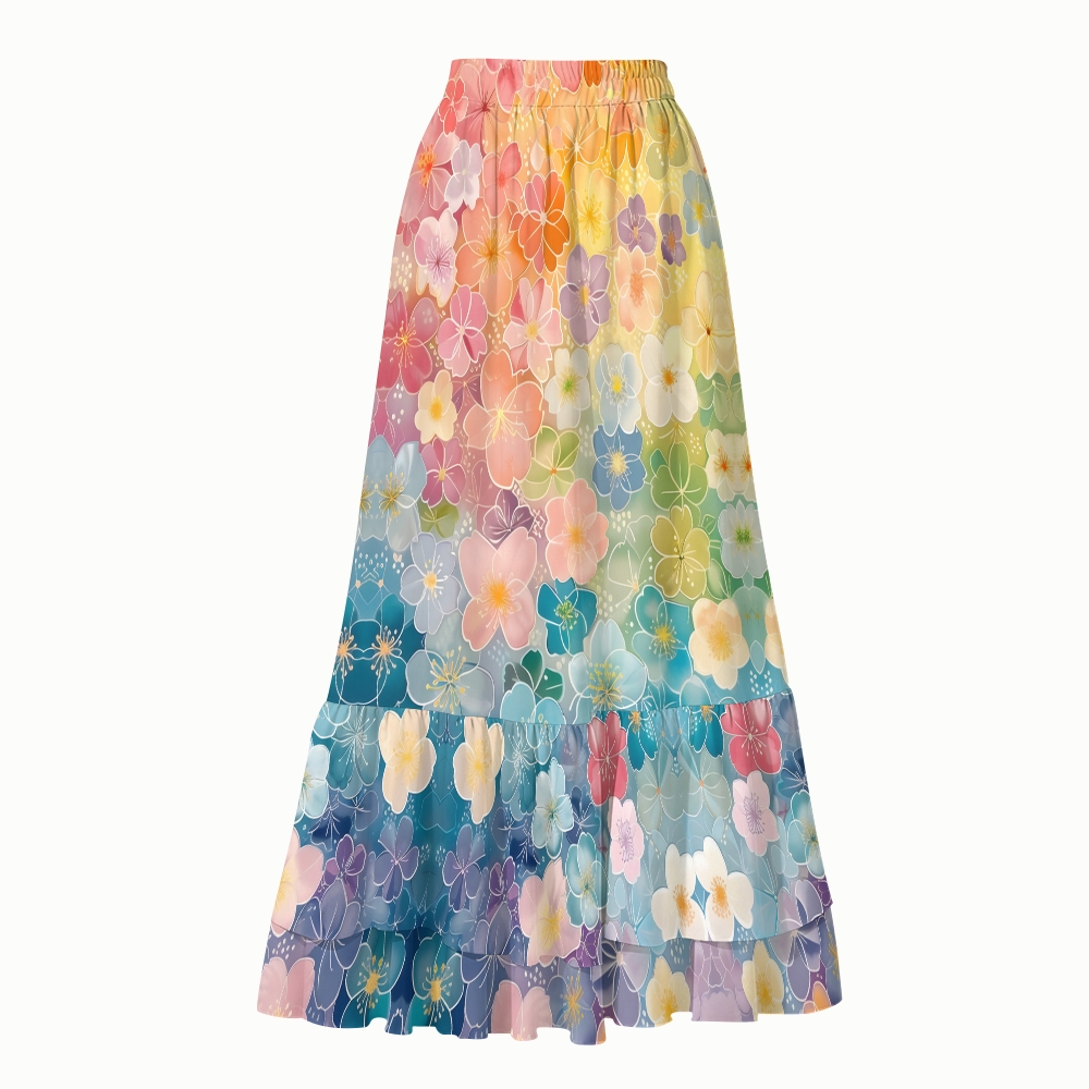Gradient Watercolor Floral One-Piece Swimsuit with Tiered Maxi Skirt