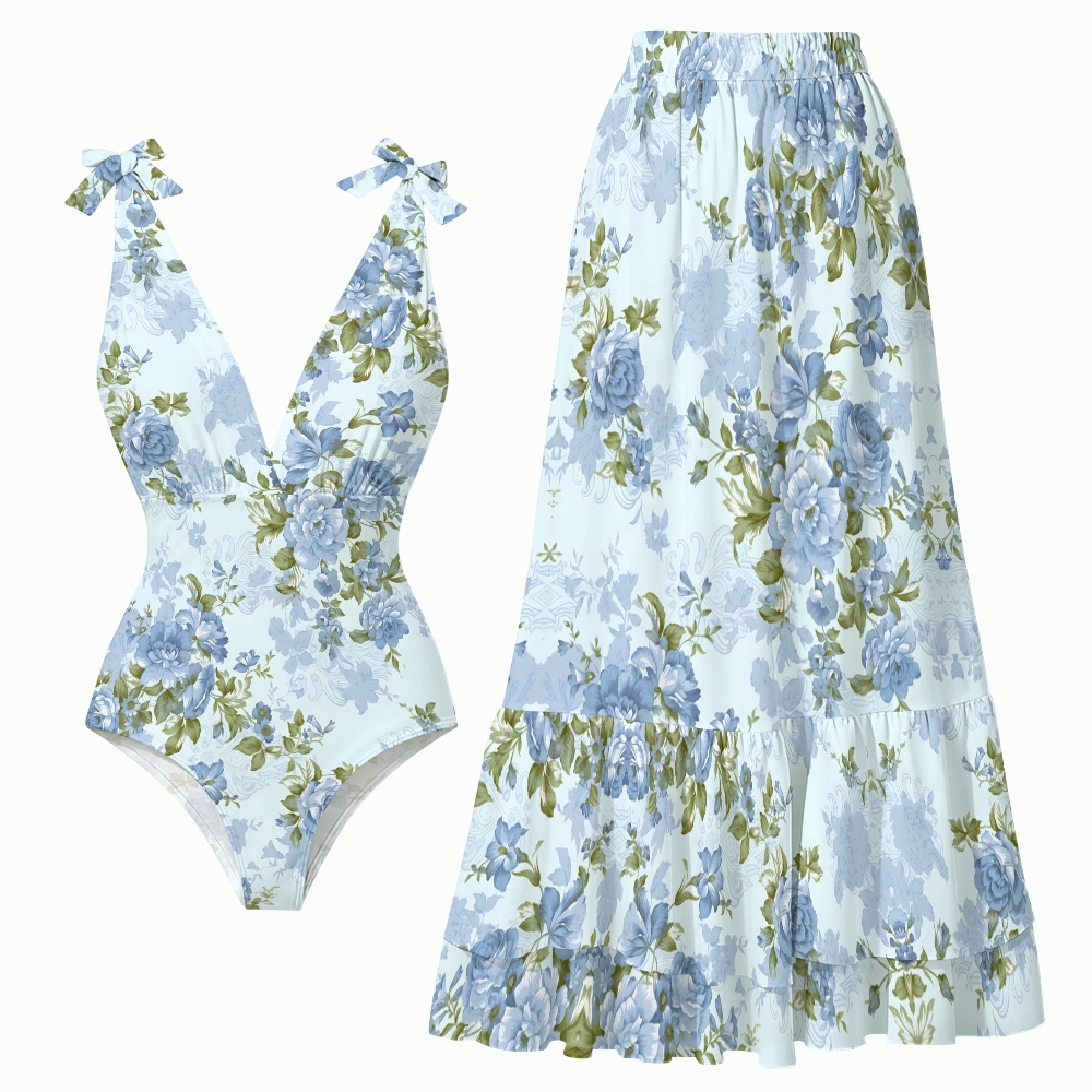 Soft Floral Print One-Piece Swimsuit with Matching Tiered Maxi Skirt