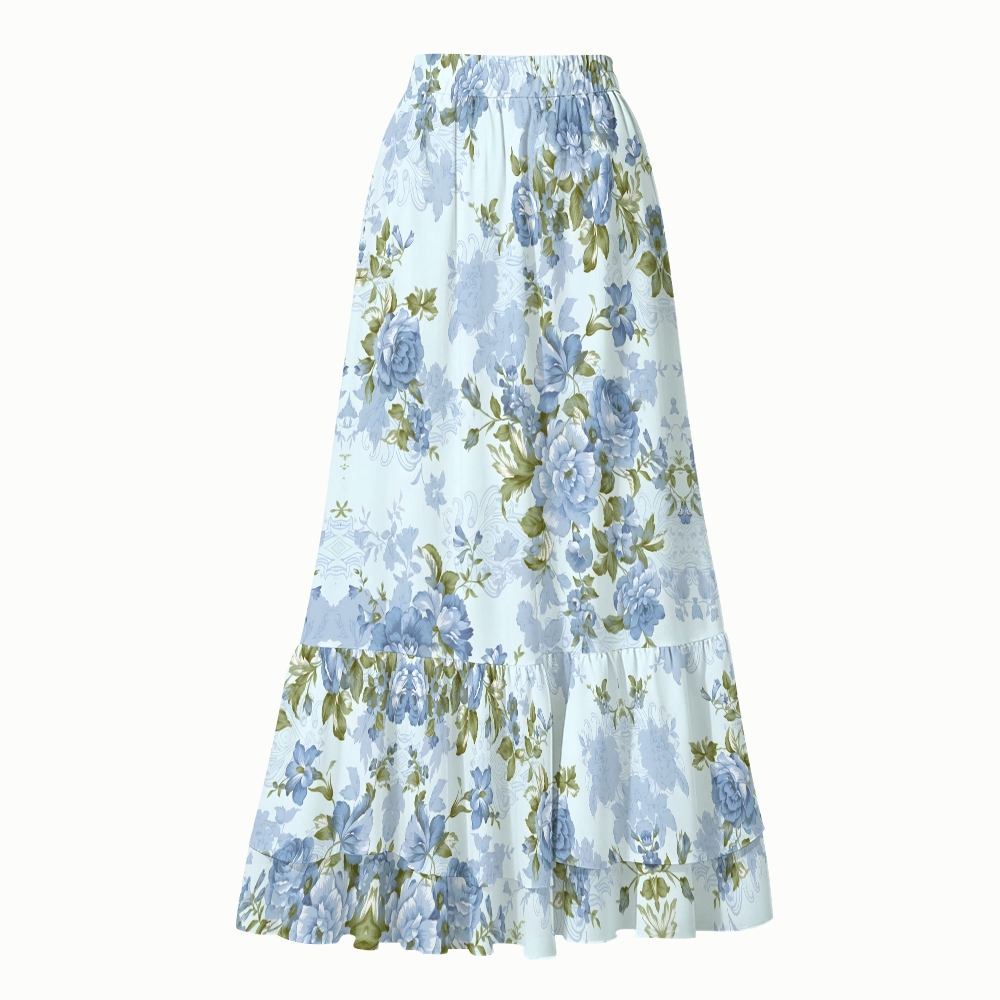 Soft Floral Print One-Piece Swimsuit with Matching Tiered Maxi Skirt