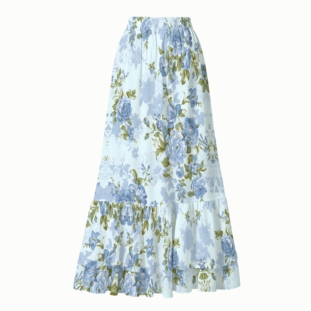 Soft Floral Print One-Piece Swimsuit with Matching Tiered Maxi Skirt