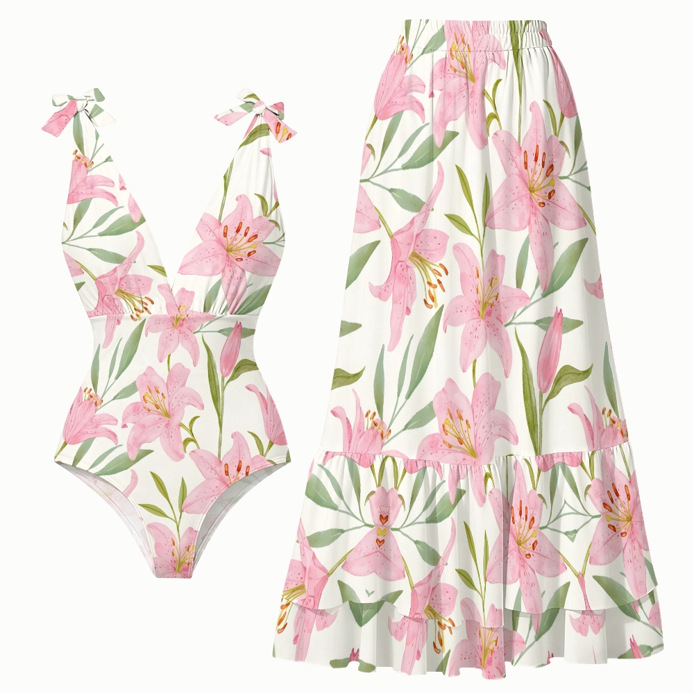 Pastel Lily One-Piece Swimsuit with Matching Tiered Maxi Skirt