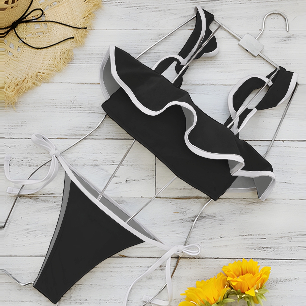 Black Ruffle Two-Piece Bikini Set with White Trim and Tie Bottoms