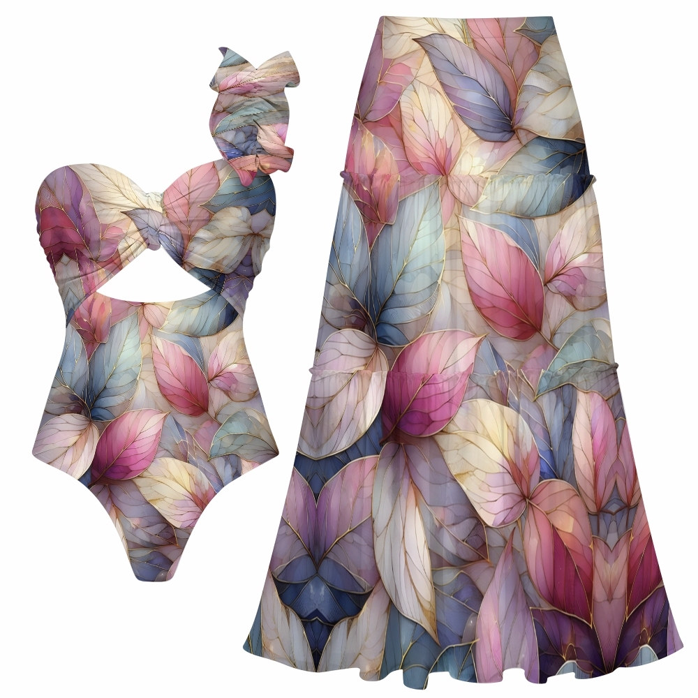 Multicolor Leaf Print One-Piece Swimsuit with Tiered Maxi Skirt