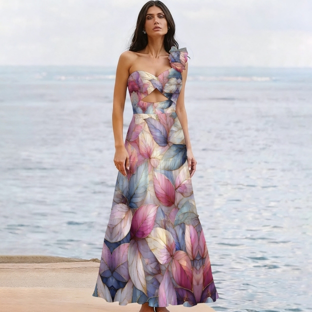 Multicolor Leaf Print One-Piece Swimsuit with Tiered Maxi Skirt