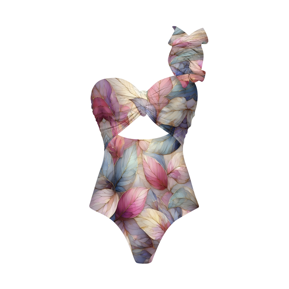 Multicolor Leaf Print One-Piece Swimsuit with Tiered Maxi Skirt