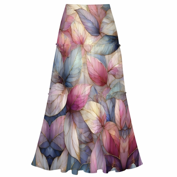 Multicolor Leaf Print One-Piece Swimsuit with Tiered Maxi Skirt