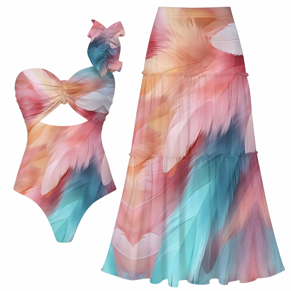 Feather Print One-Piece One-Shoulder Cut-Out Swimsuit with Tiered Maxi Skirt
