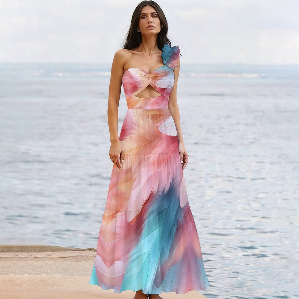 Feather Print One-Piece One-Shoulder Cut-Out Swimsuit with Tiered Maxi Skirt