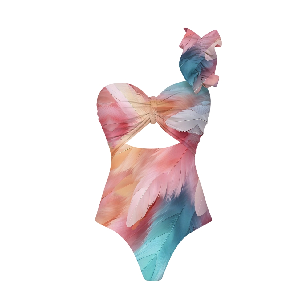 Feather Print One-Piece One-Shoulder Cut-Out Swimsuit with Tiered Maxi Skirt