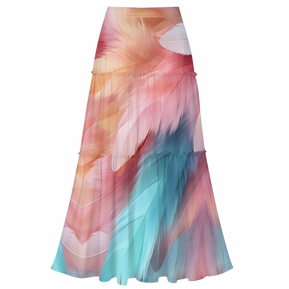 Feather Print One-Piece One-Shoulder Cut-Out Swimsuit with Tiered Maxi Skirt