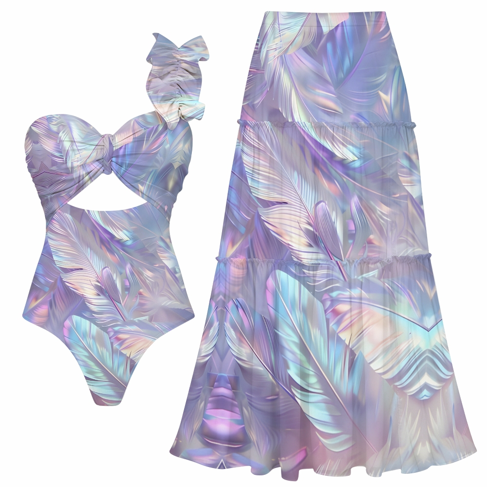 Dreamy Feather One-Shoulder One-Piece Swimsuit with Tiered Maxi Skirt