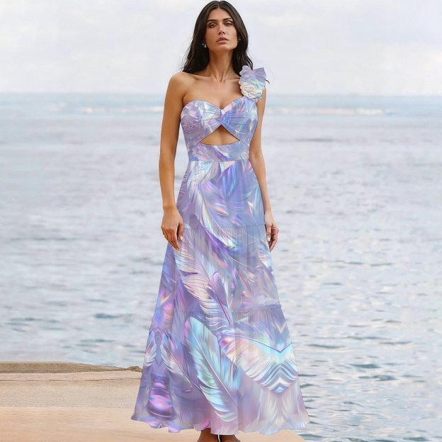 Dreamy Feather One-Shoulder One-Piece Swimsuit with Tiered Maxi Skirt