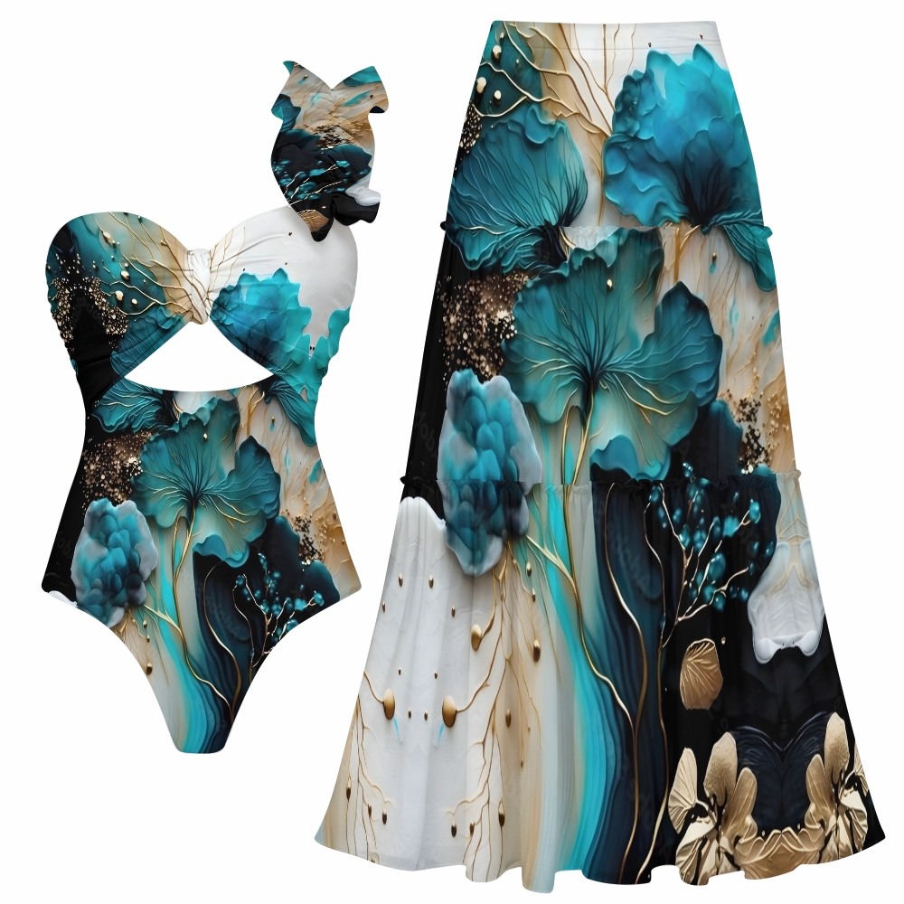 Artistic Floral One-Shoulder Cut-Out One-Piece Swimsuit with Tiered Maxi Skirt