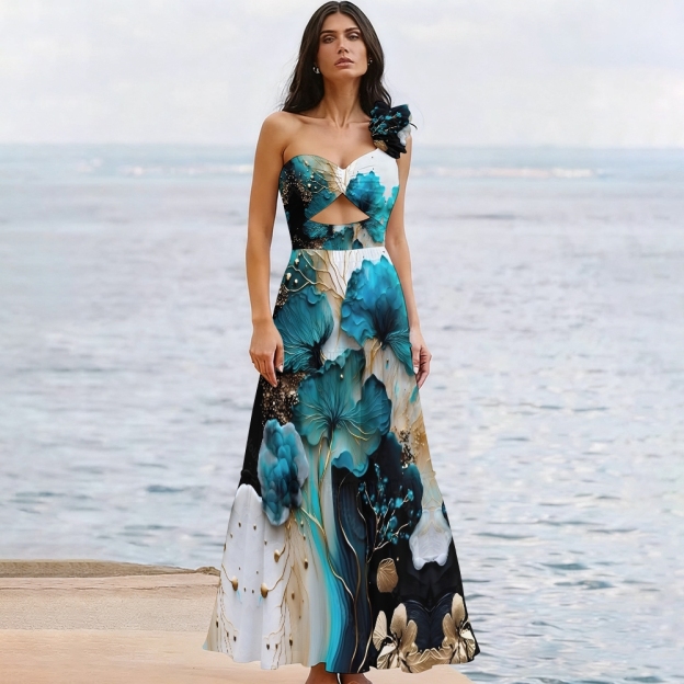Artistic Floral One-Shoulder Cut-Out One-Piece Swimsuit with Tiered Maxi Skirt