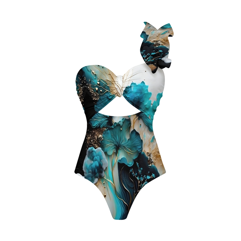 Artistic Floral One-Shoulder Cut-Out One-Piece Swimsuit with Tiered Maxi Skirt