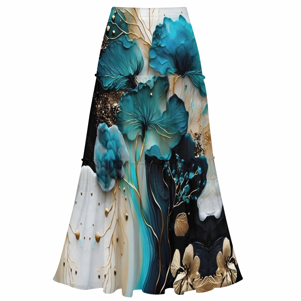 Artistic Floral One-Shoulder Cut-Out One-Piece Swimsuit with Tiered Maxi Skirt