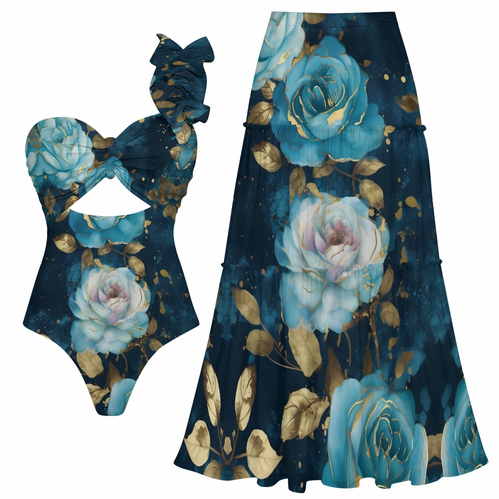 Asymmetrical Rose One-Shoulder Cut-Out One-Piece Swimsuit with Tiered Maxi Skirt