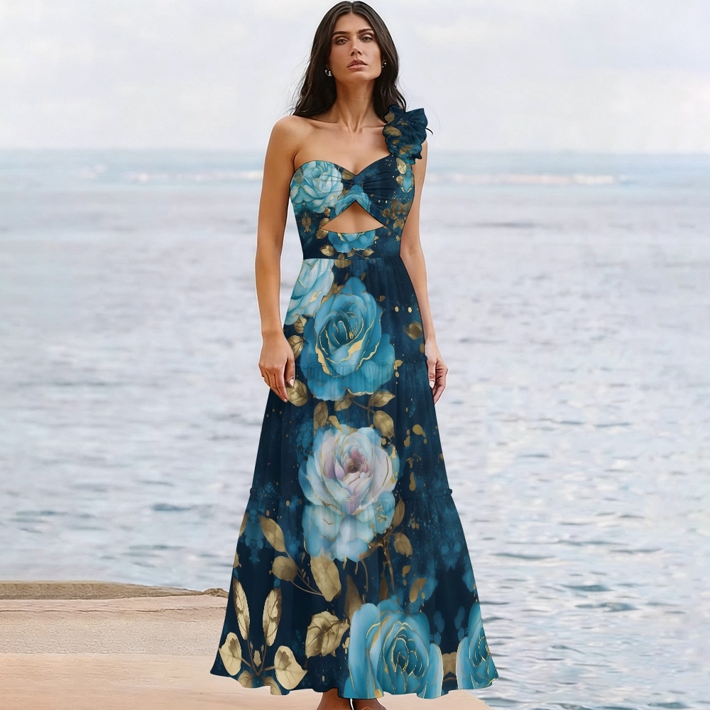 Asymmetrical Rose One-Shoulder Cut-Out One-Piece Swimsuit with Tiered Maxi Skirt