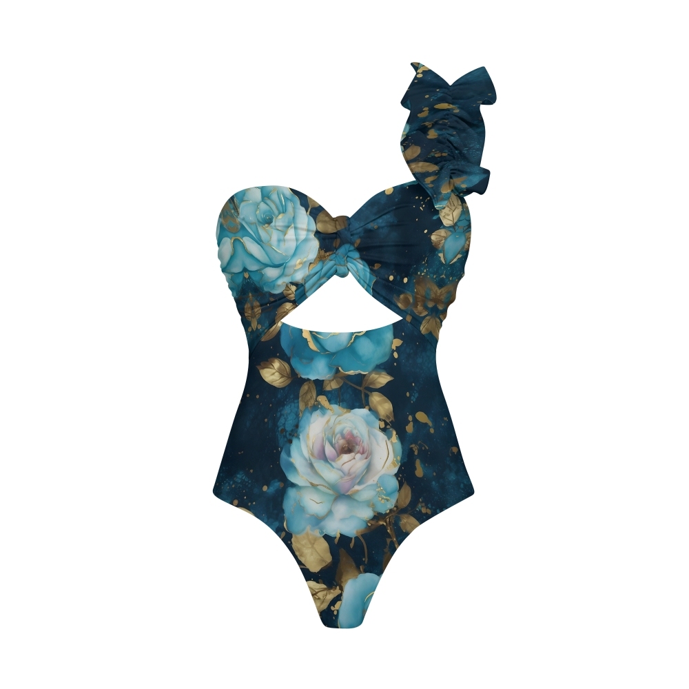 Asymmetrical Rose One-Shoulder Cut-Out One-Piece Swimsuit with Tiered Maxi Skirt