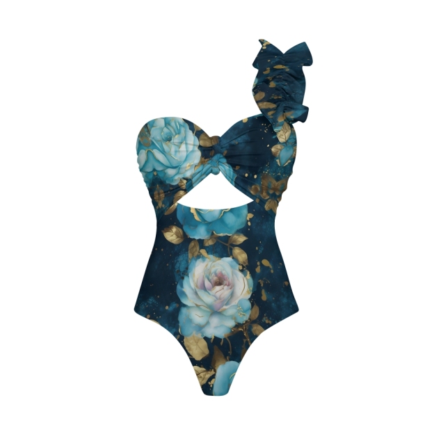 Asymmetrical Rose One-Shoulder Cut-Out One-Piece Swimsuit with Tiered Maxi Skirt