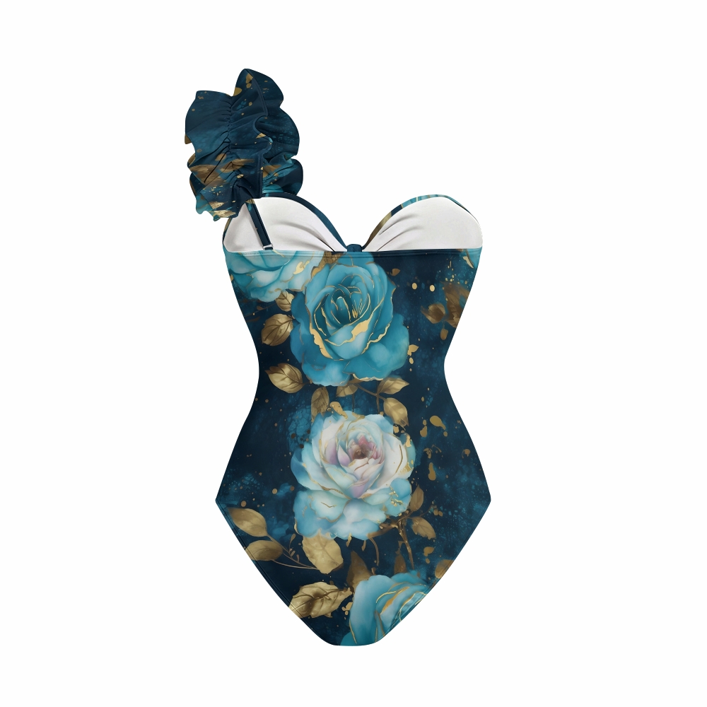 Asymmetrical Rose One-Shoulder Cut-Out One-Piece Swimsuit with Tiered Maxi Skirt