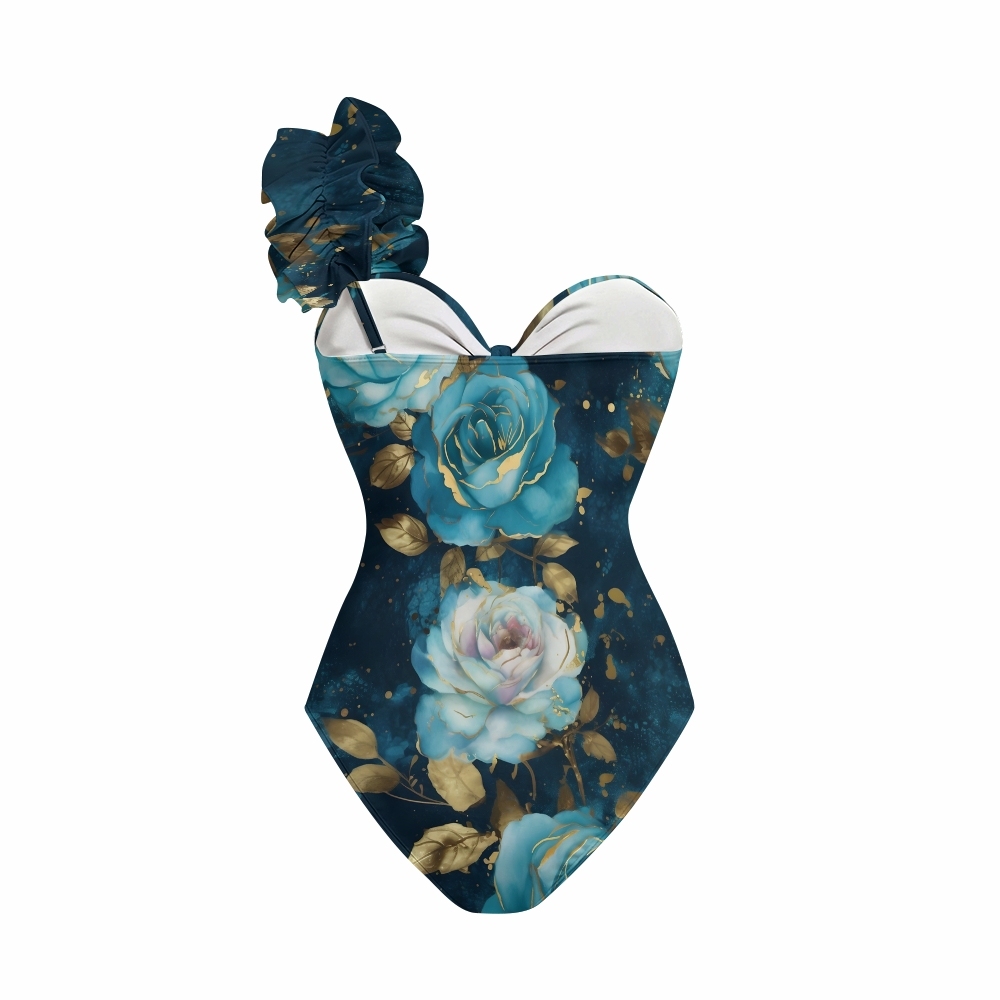 Asymmetrical Rose One-Shoulder Cut-Out One-Piece Swimsuit with Tiered Maxi Skirt