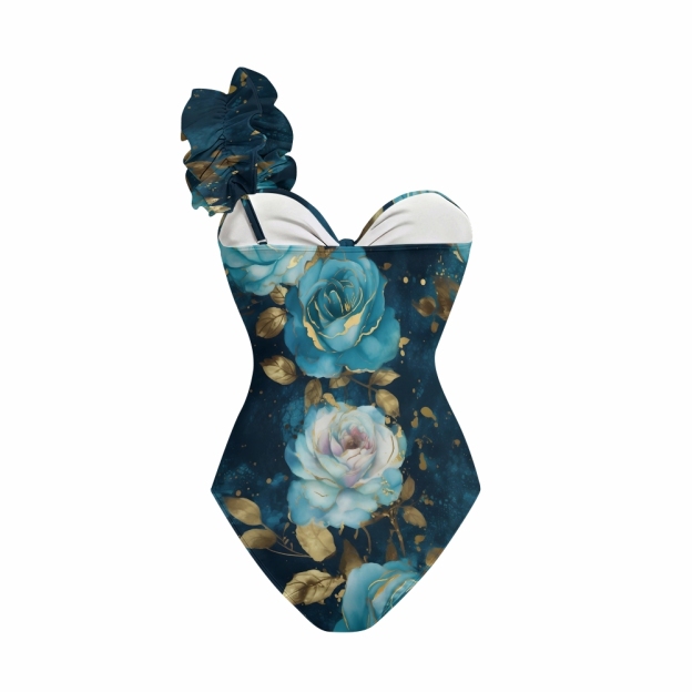 Asymmetrical Rose One-Shoulder Cut-Out One-Piece Swimsuit with Tiered Maxi Skirt