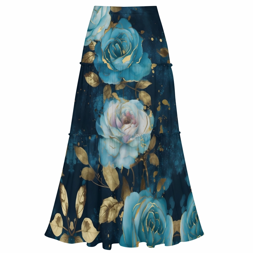 Asymmetrical Rose One-Shoulder Cut-Out One-Piece Swimsuit with Tiered Maxi Skirt