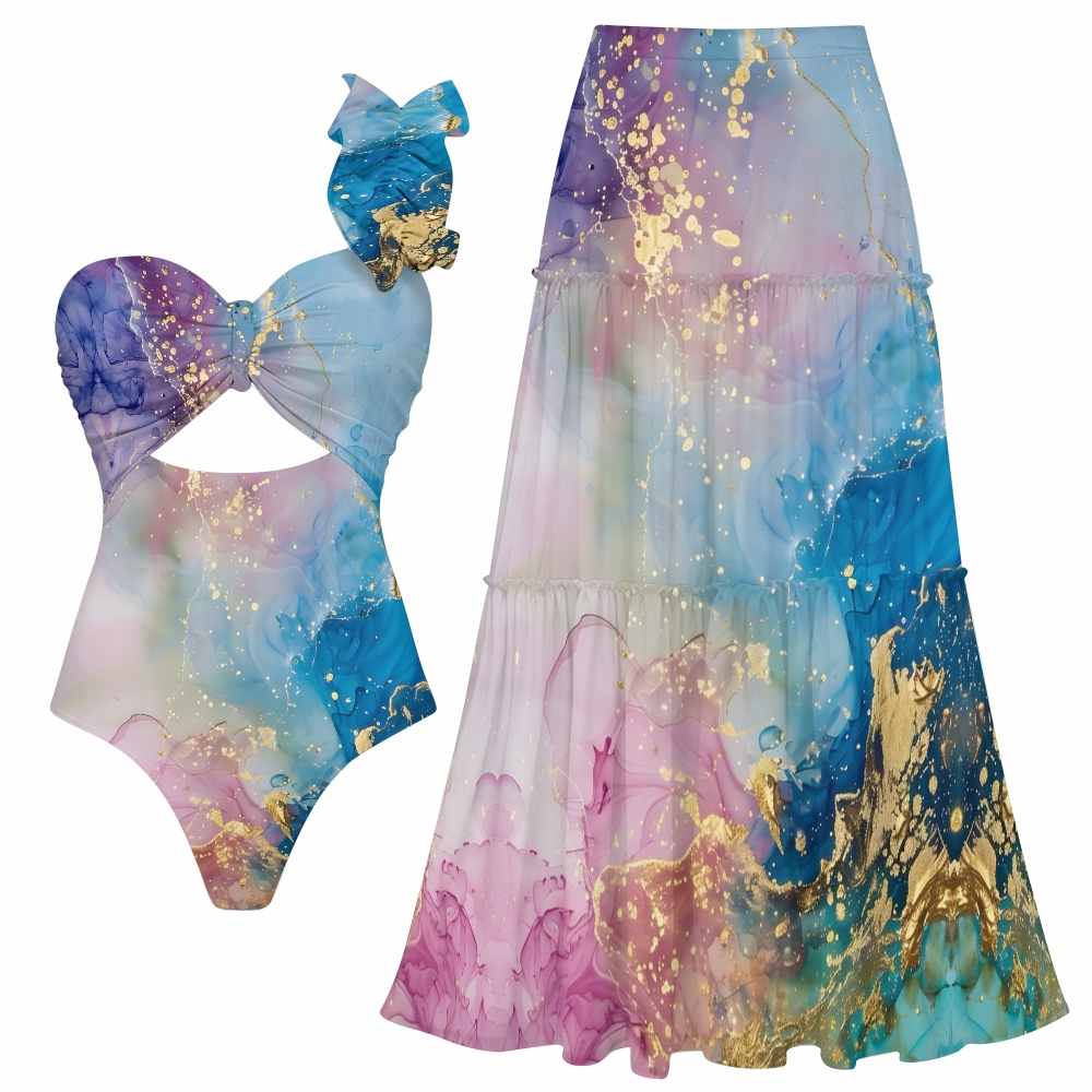 Pastel Splash One-Shoulder Cut-Out One-Piece Swimsuit with Tiered Maxi Skirt