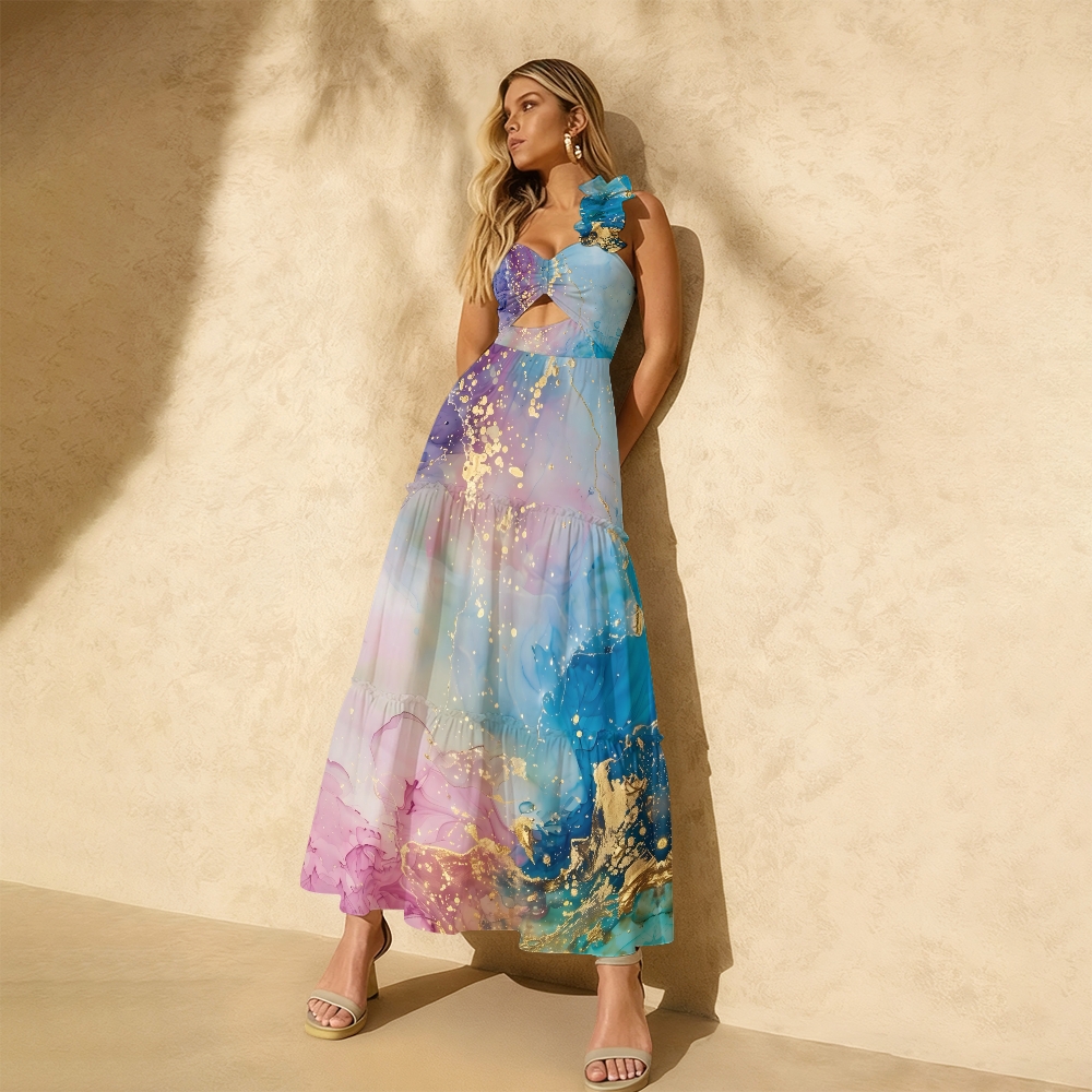 Pastel Splash One-Shoulder Cut-Out One-Piece Swimsuit with Tiered Maxi Skirt